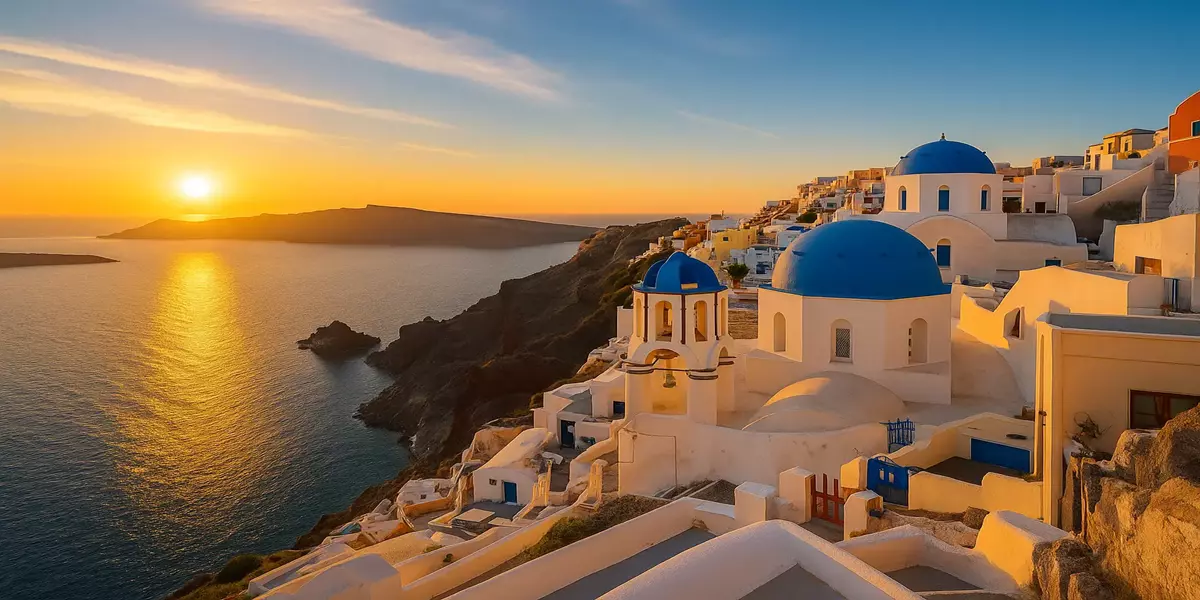 Τοποθεσία Santorini με παραδοσιακά κτίρια και θέα στο ηλιοβασίλεμα